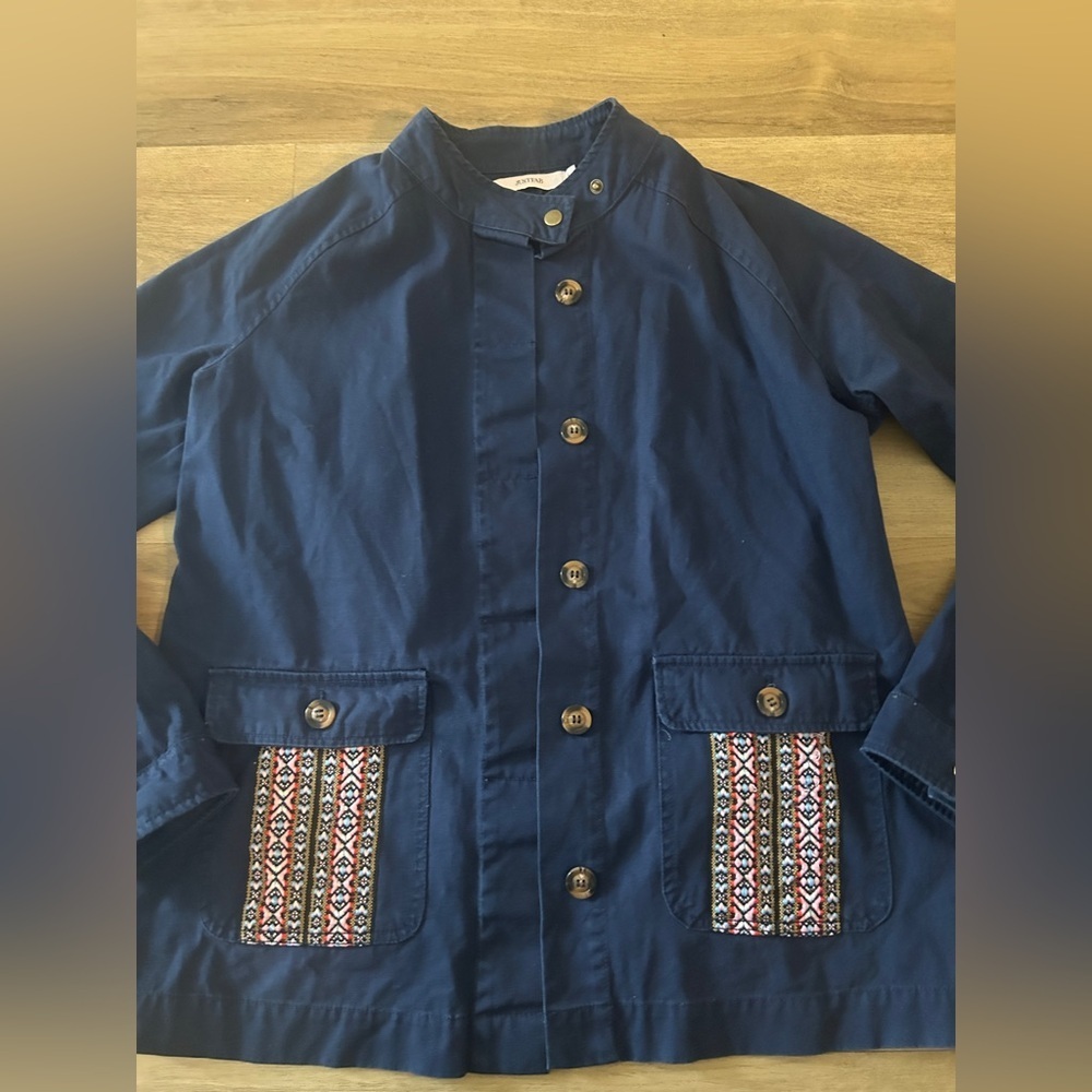 JustFab Navy Utility Jacket with Tribal Pocket Detail Women’s, Size L, EUC - Picture 5 of 7